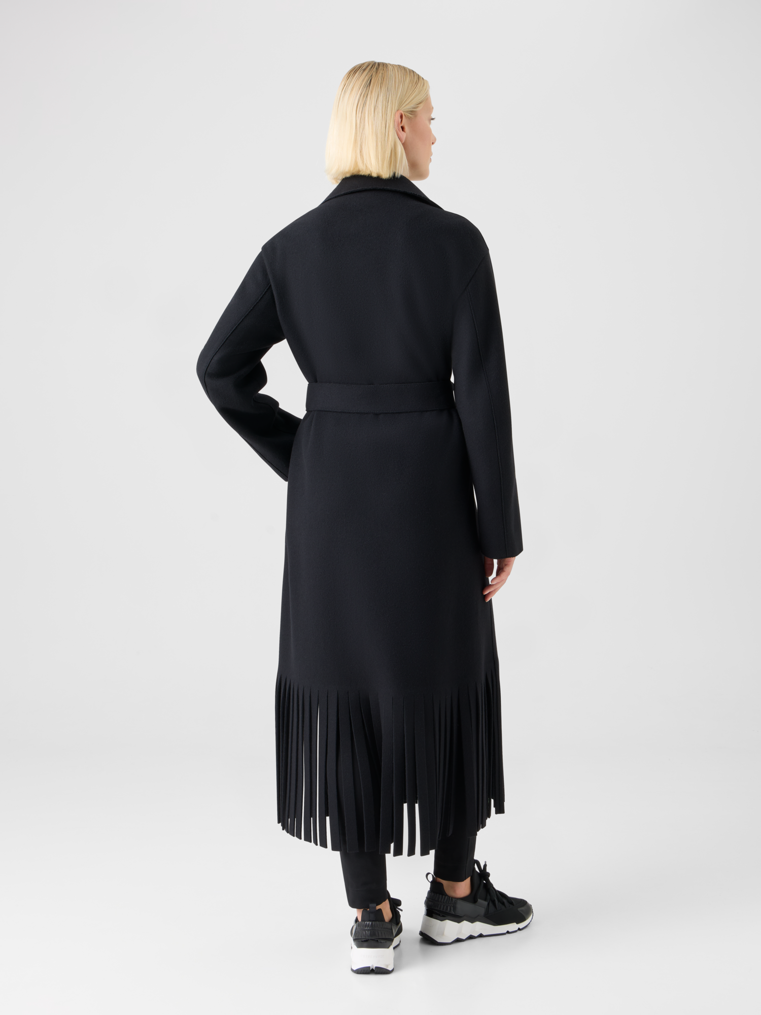 Designer Fringed Felted Wool Trench Coat - black 