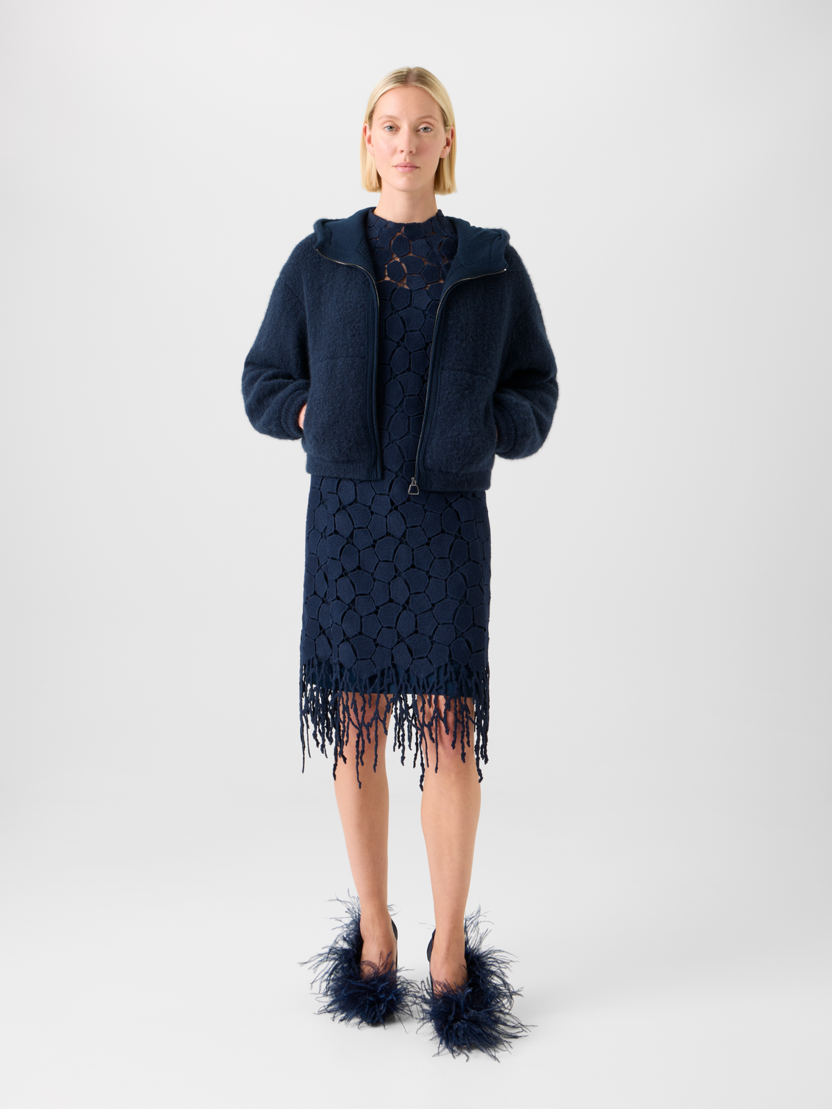 Designer Ultra-Soft Cashmere Silk Bouclé Zip Hoodie - neutral - navy - blue #editorial