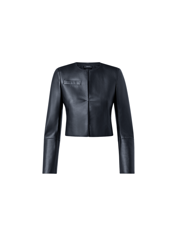 Designer Cropped Leather Jacket - navy - blue