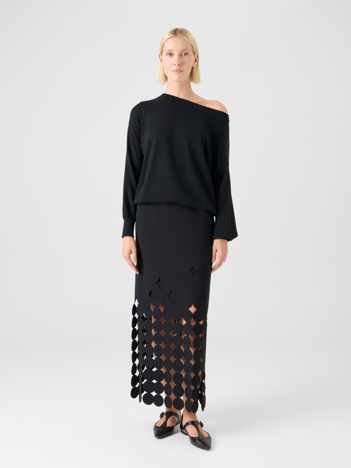 Designer Dropping Dot Cut-Out Jersey Midi Skirt - black #editorial