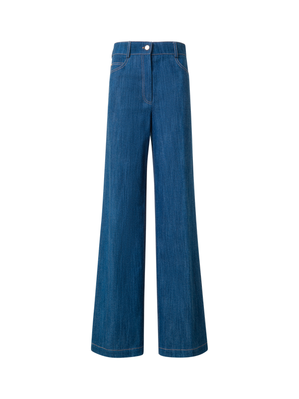 Designer Wide Cotton Denim Stretch Pants - blue