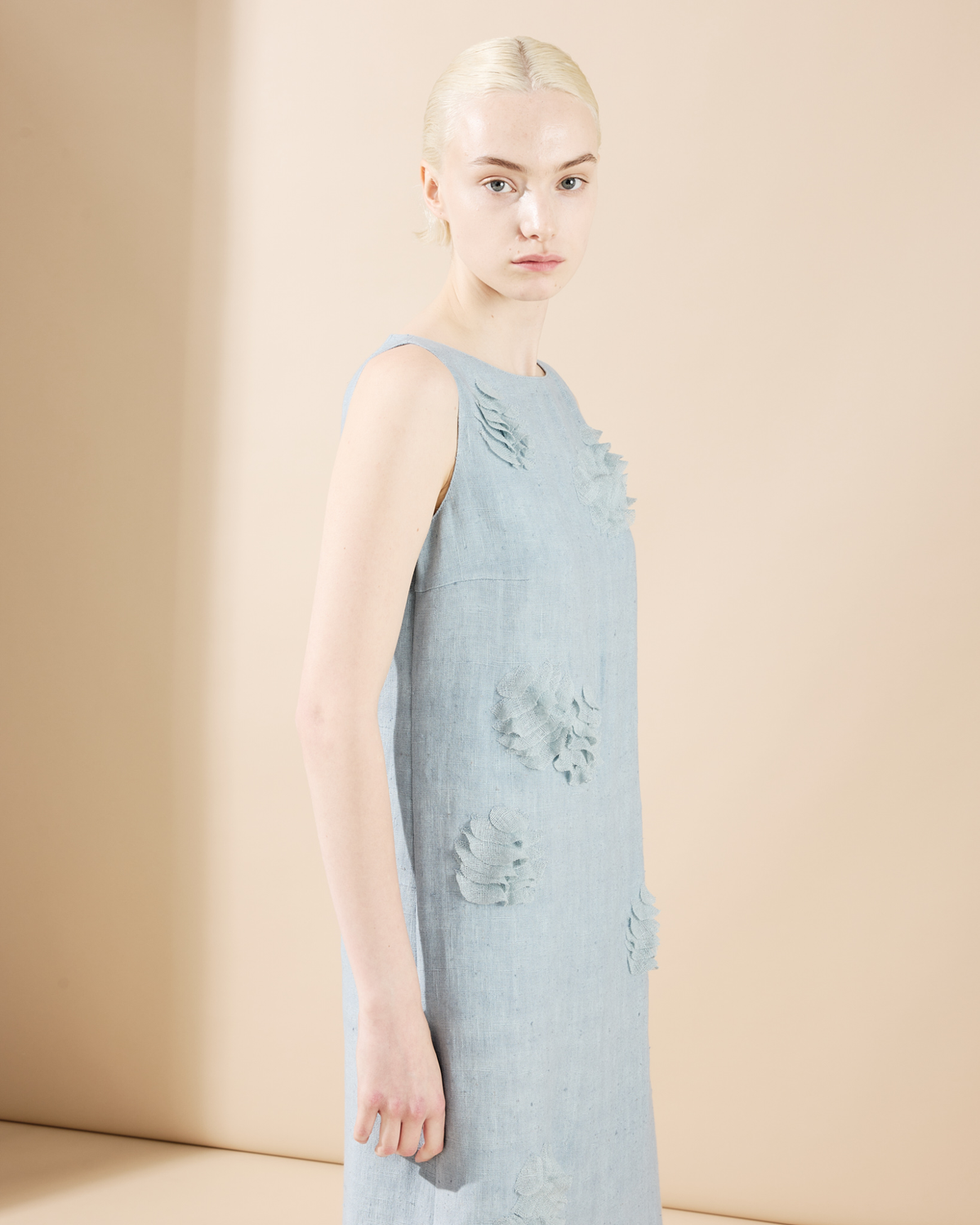 Designer Midi Linen Dress with 3D Carnation Detail - pastel - blue #editorial