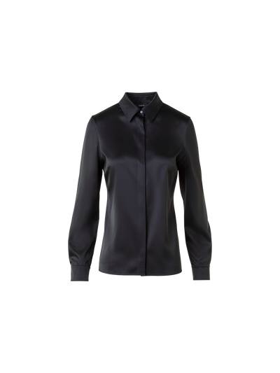 Designer Stretch Silk Satin Shirt Blouse - black - neutral