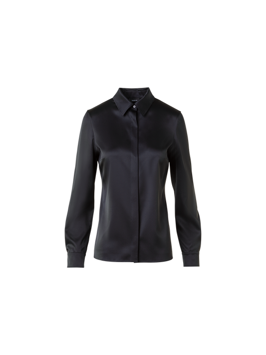 Designer Stretch Silk Satin Shirt Blouse - black - neutral