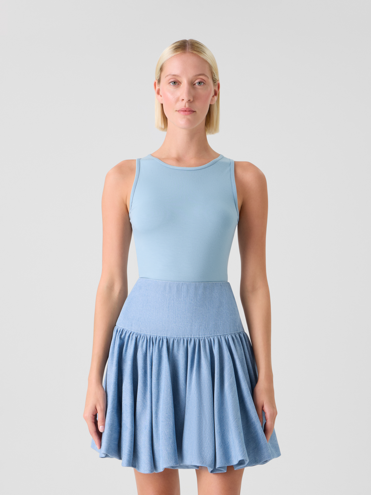 Designer Flared Flounced Mini Viscose Denim Skirt - blue