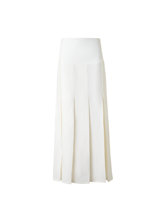 Designer Pleated Midi Skirt in Linen Wool Blend - neutral - ecru - white