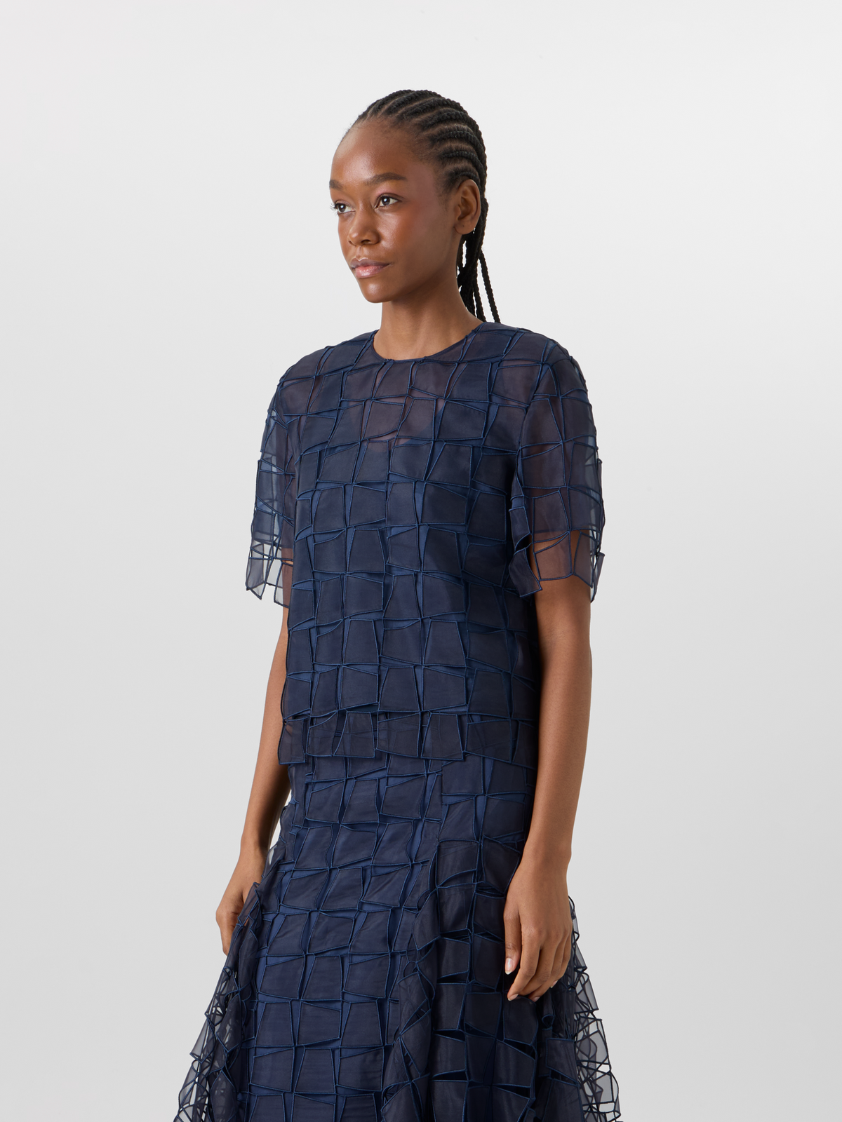 Designer Short-Sleeve Trapezoid Organza Blouse - navy #editorial