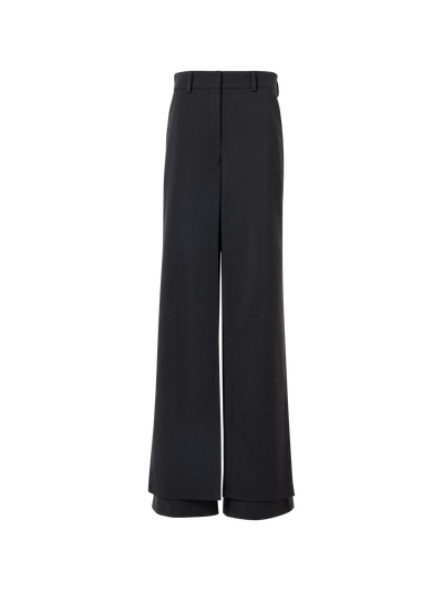 Designer Wide Wool Gabardine Pants with Front Overlayer - grey