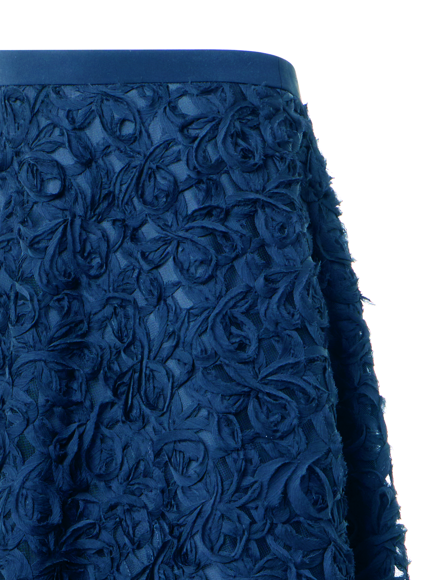 Designer Flared Carnation Embroidered Tulle Midi Skirt - navy - blue