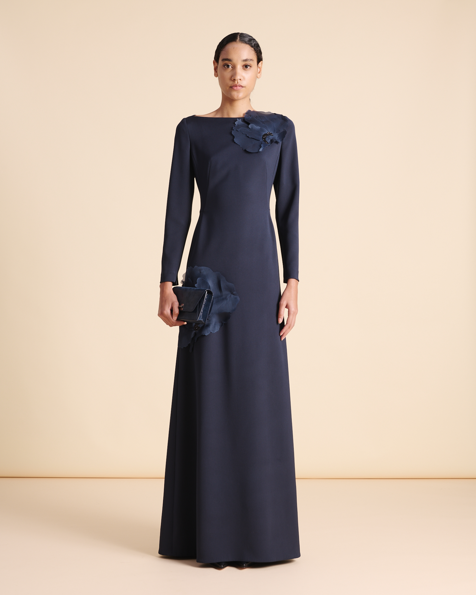 Designer Silk Gown with 3D Anemone - neutral - navy - blue