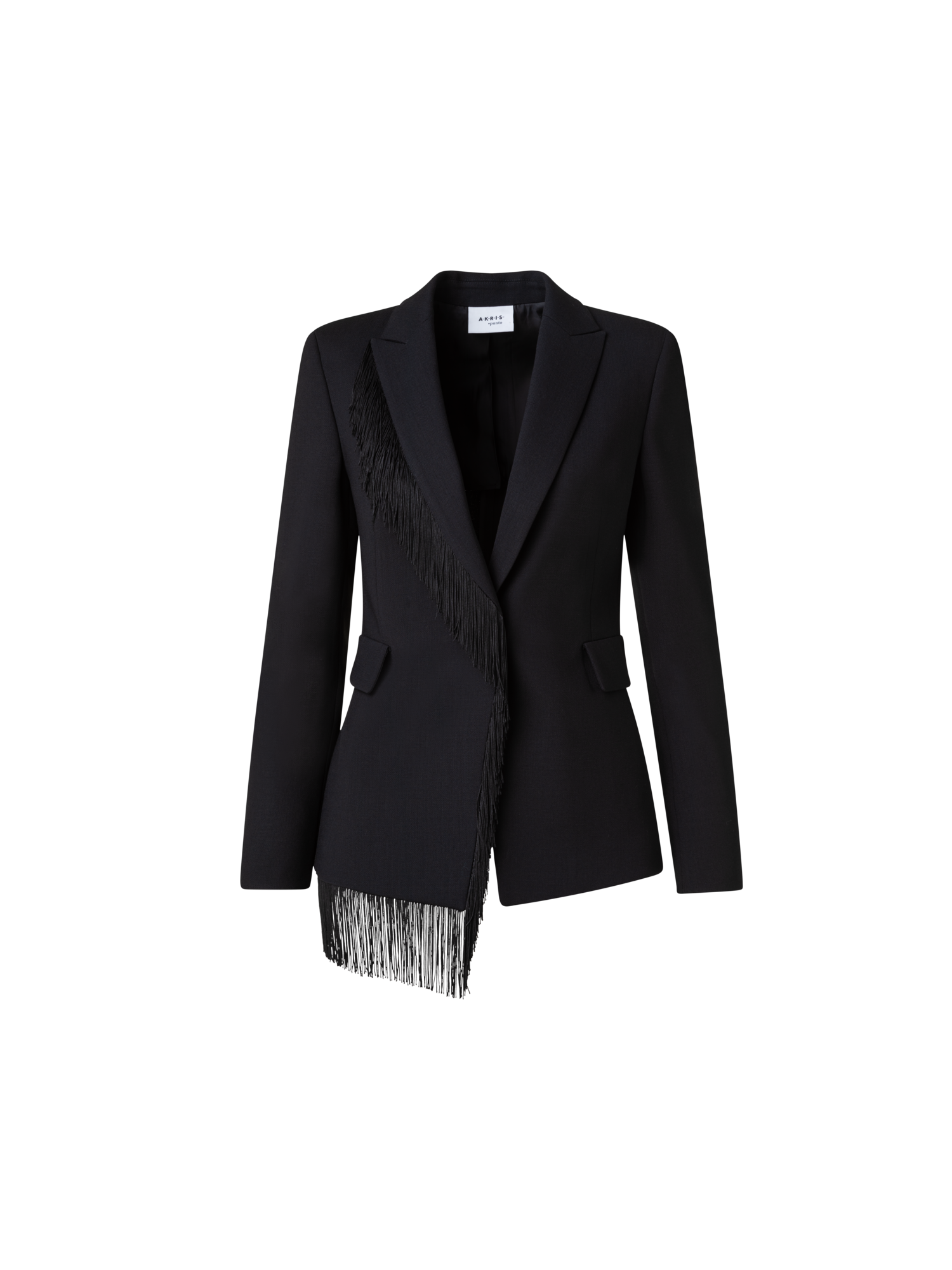 Designer Wool Stretch Crêpe Jacket with Fringes - black