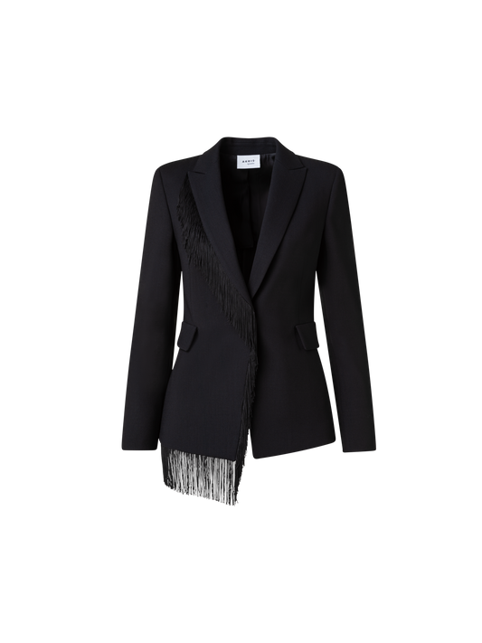 Designer Wool Stretch Crêpe Jacket with Fringes - black