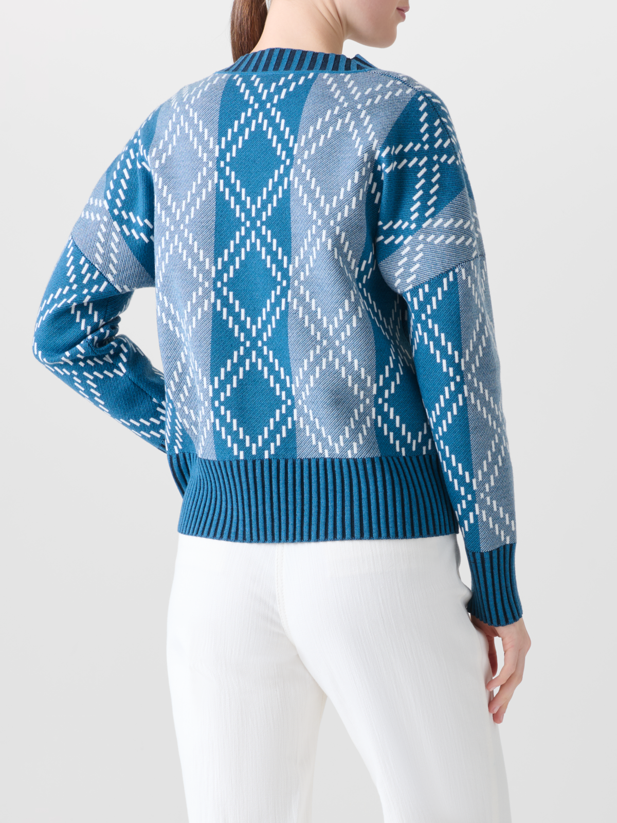 Designer Merino Cardigan with Diamond Jacquard - blue - multicolor #editorial
