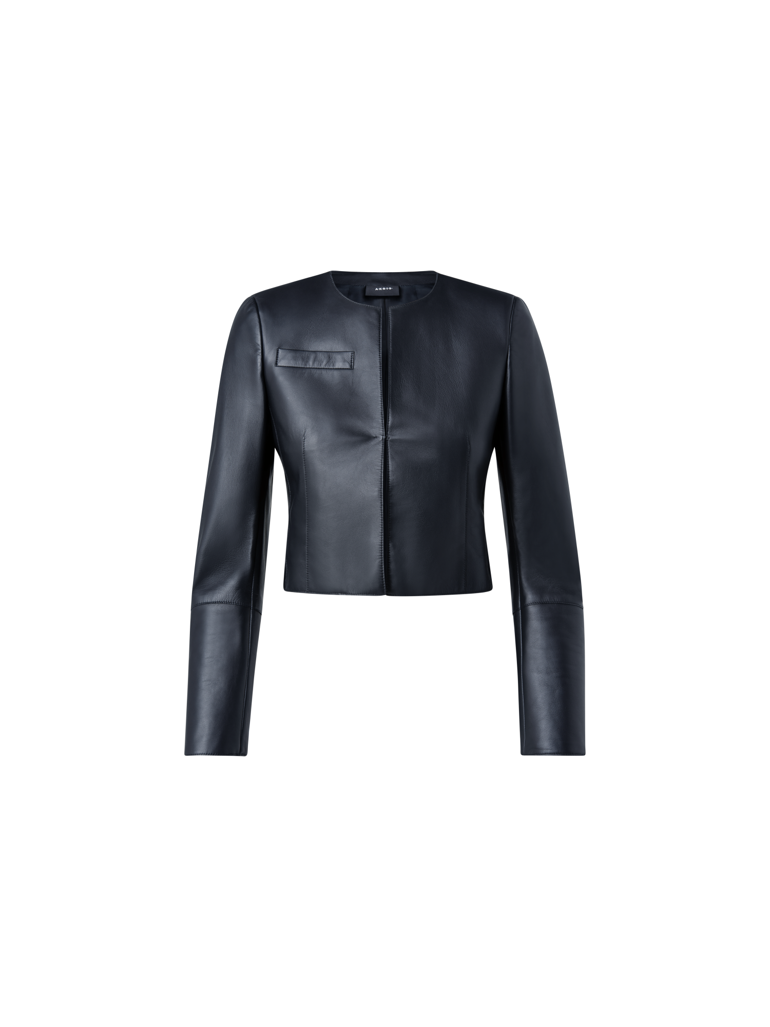 Designer Cropped Leather Jacket - navy - blue