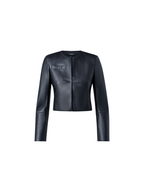 Designer Cropped Leather Jacket - navy - blue