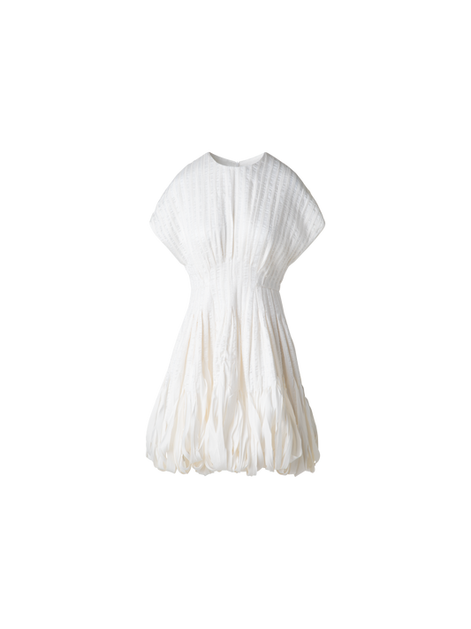 Designer Short Flared Silk Dress with Ribbon Loops Skirt - ecru - white