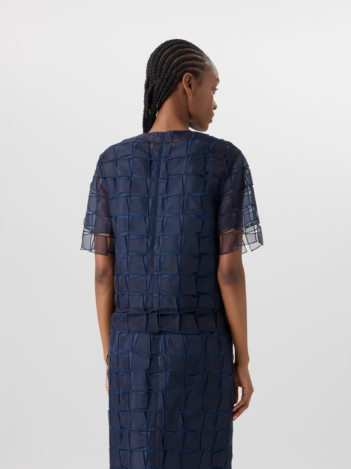 Designer Short-Sleeve Trapezoid Organza Blouse - navy #editorial
