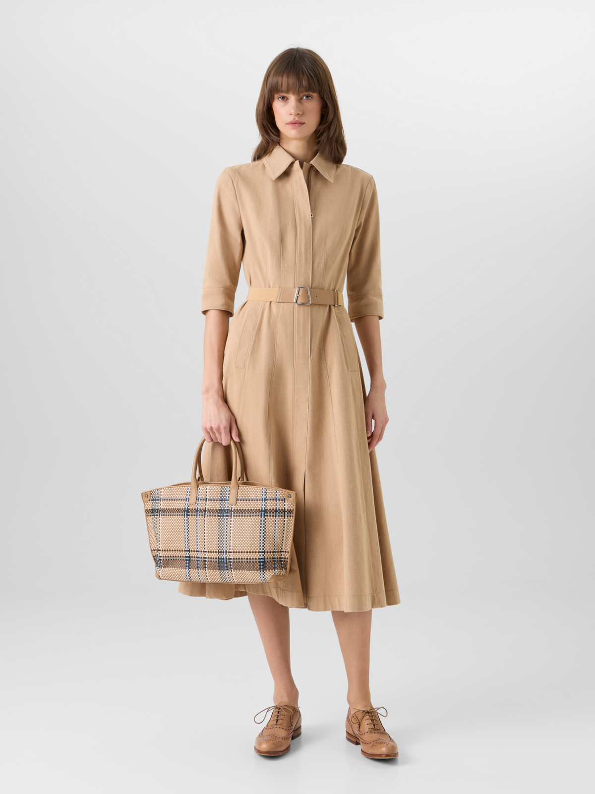 Designer A-Line Cotton-Denim Stretch Midi Dress - beige #editorial