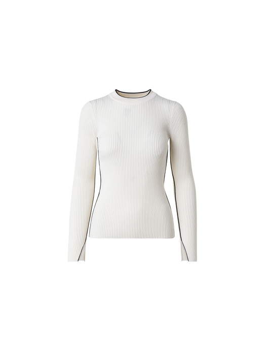 Designer Ribbed Merino Wool Sweater with Contrast Stripe - multicolor - ecru - white