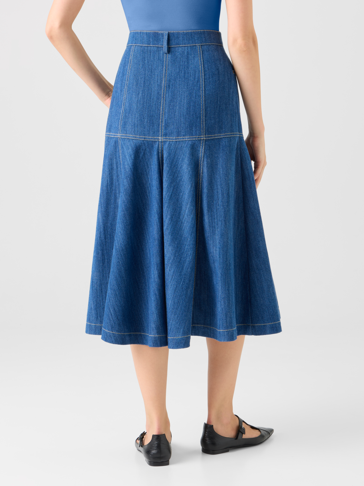 Designer Cotton Denim Midi Skirt with Flared Hem - blue 