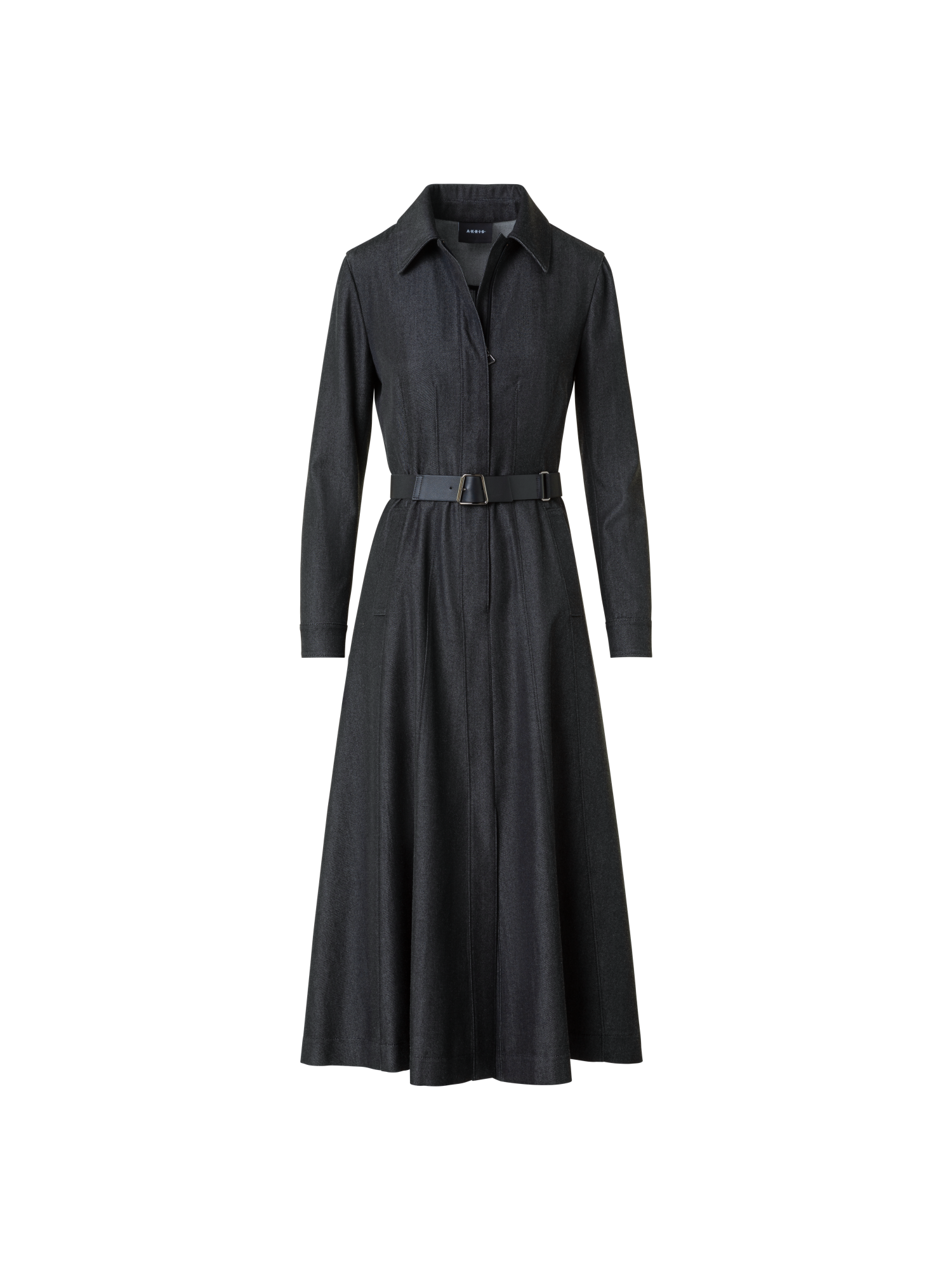 Designer Belted Stretch Cotton Denim Midi Shirt Dress - neutral - grey