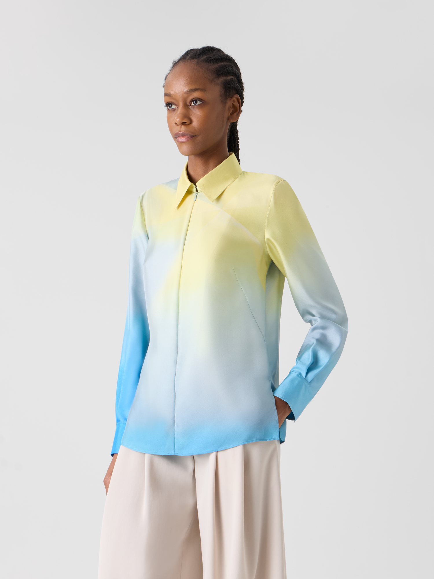 Designer Silk Twill Tunic Blouse with Sunbeam Print - blue - multicolor 