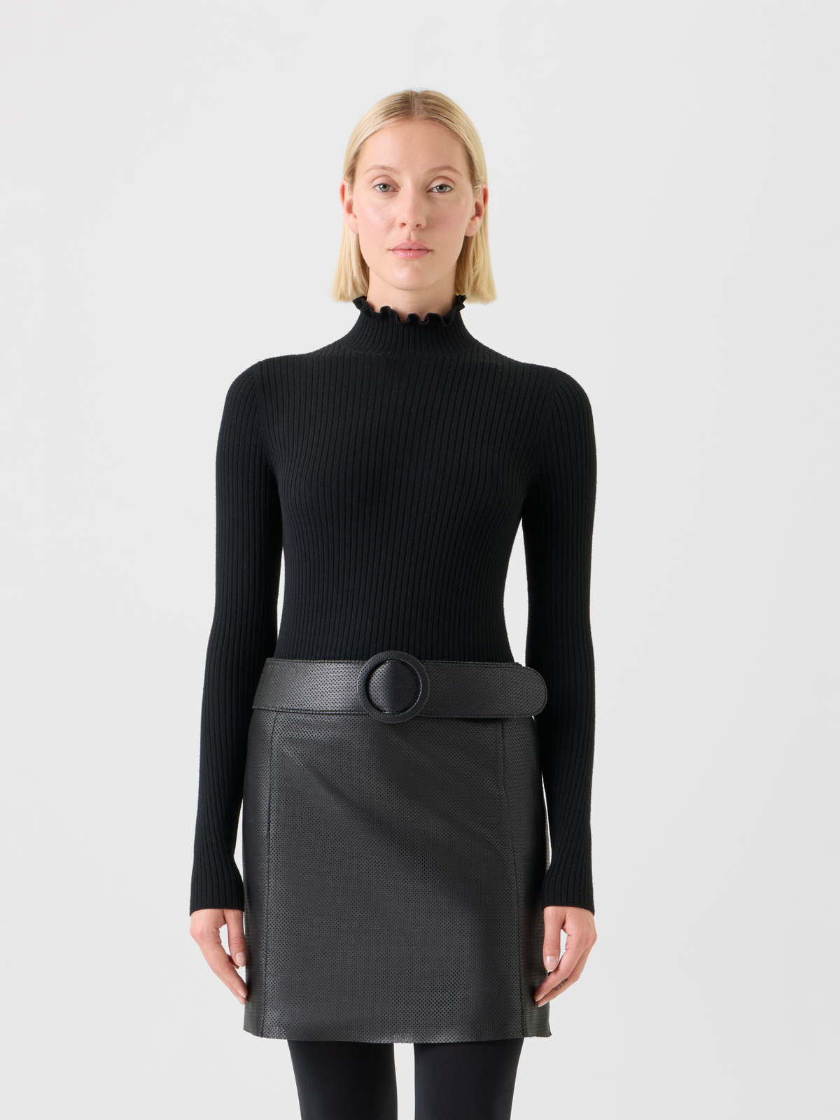 Designer Low Waist Belted Leather Mini Skirt - black - neutral #editorial