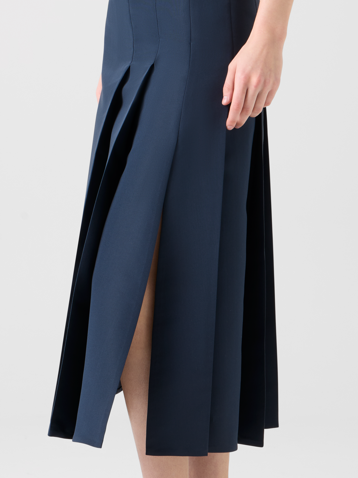 Designer Half-Pleated Ottoman Silk Midi Skirt - neutral - navy - blue #editorial
