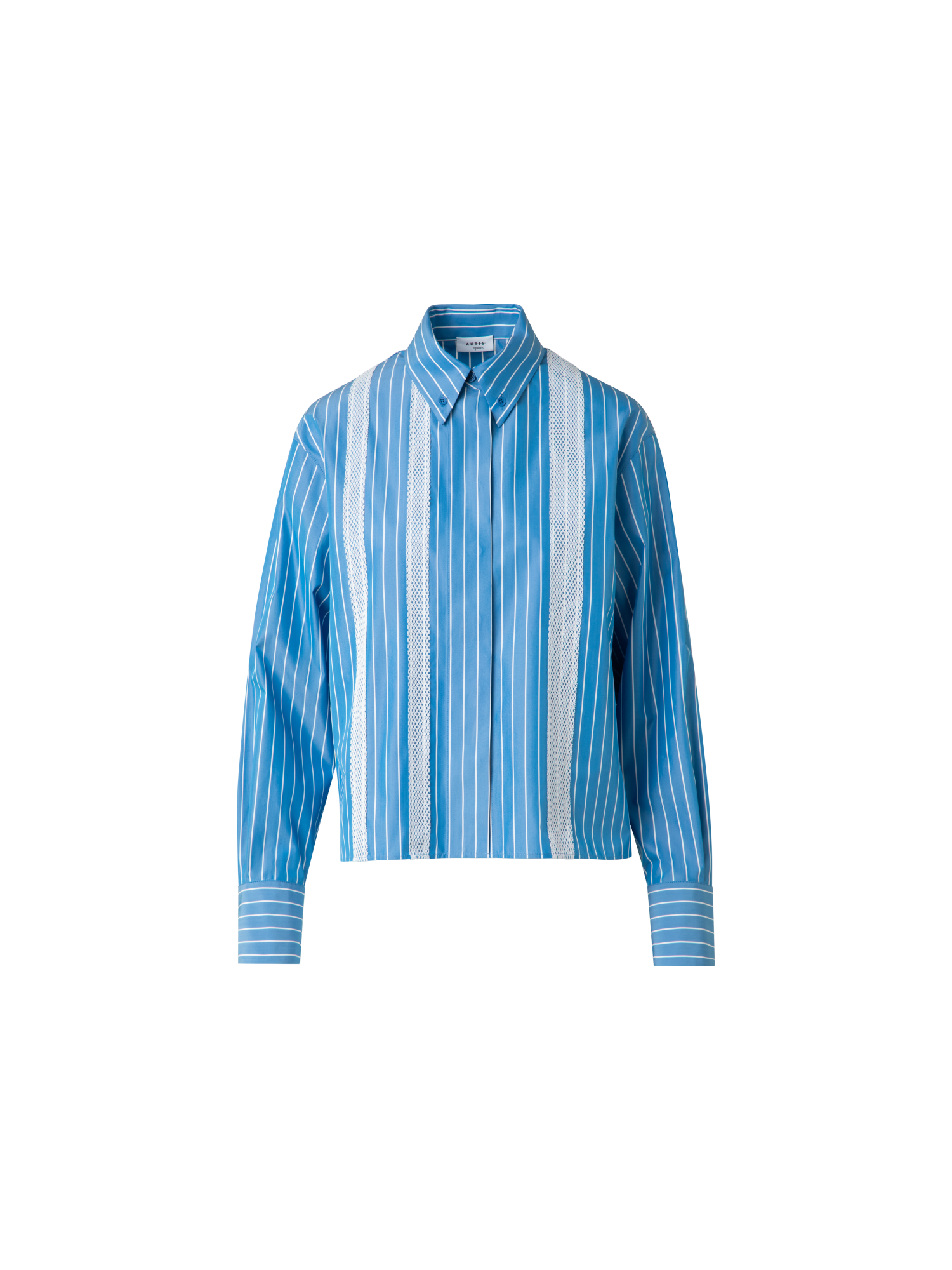 Designer Boxy Blouse in Striped Cotton with Mesh Tape - blue - multicolor