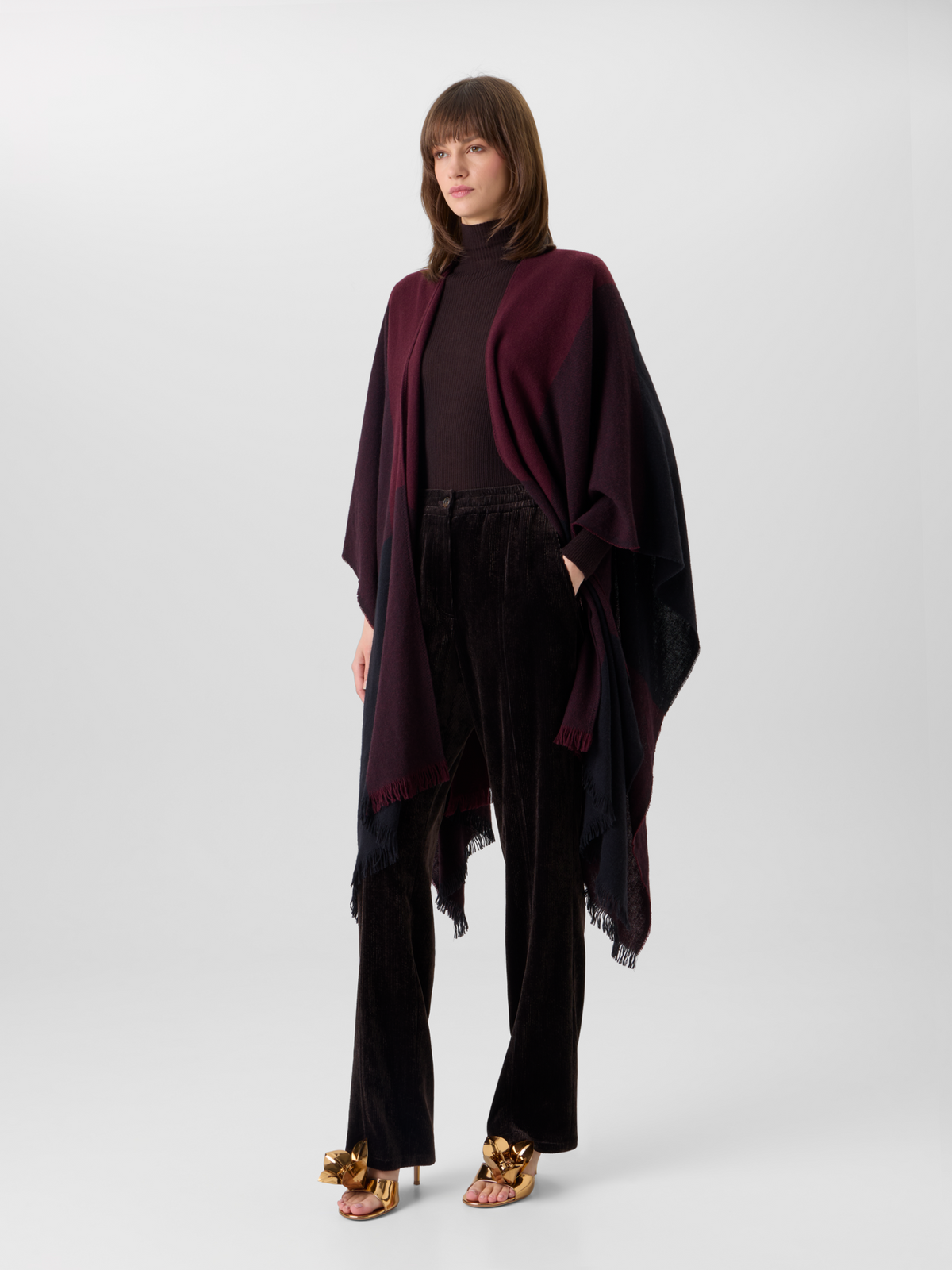 Designer Wool Cashmere Check Cape Scarf - red - wine 