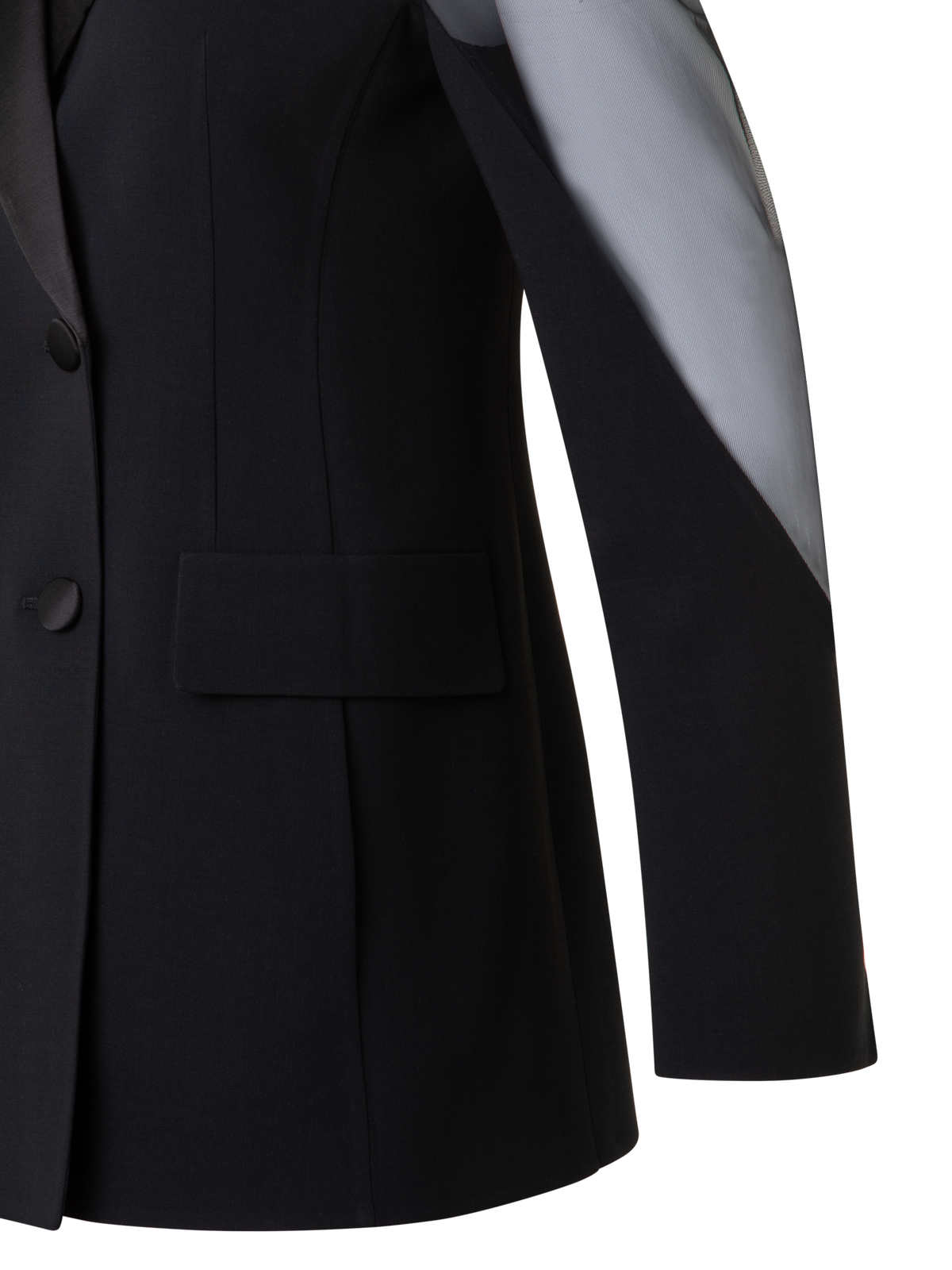 Designer Wool Satin Tuxedo Jacket with Sheer Shoulders