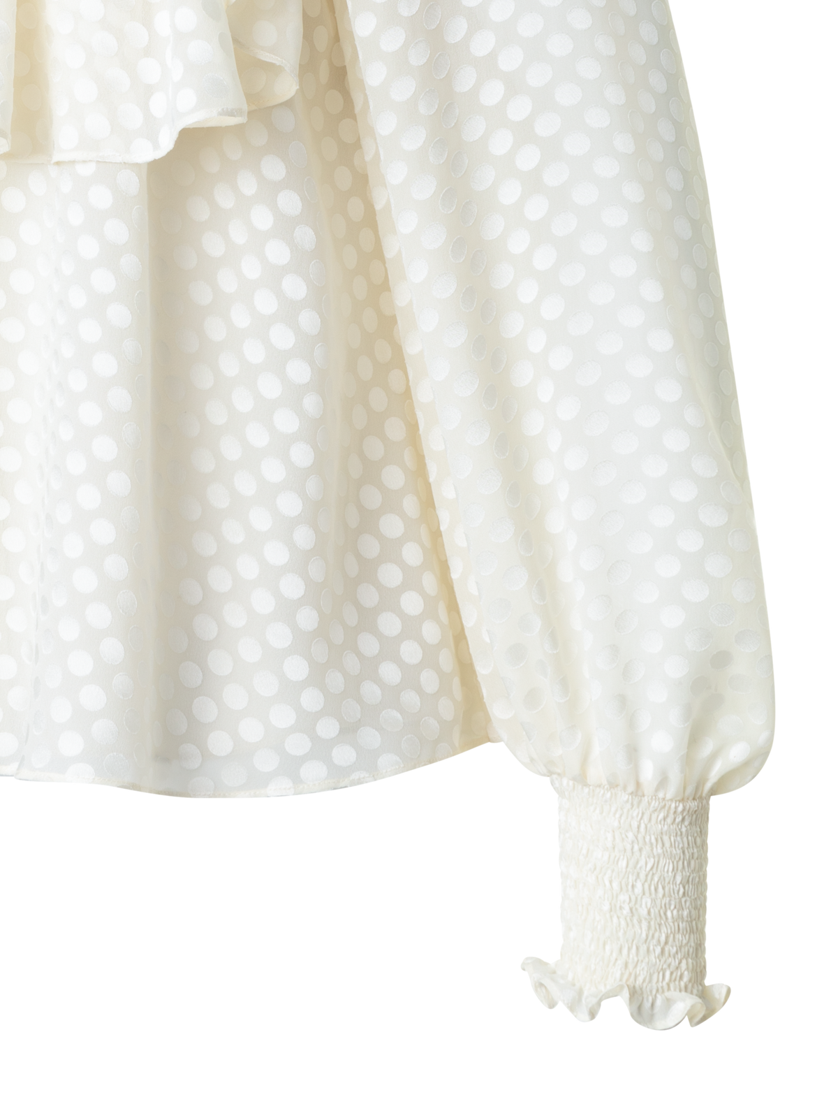 Designer Boho Smocked Flounce Shoulder Dotted Blouse - neutral - ecru - white