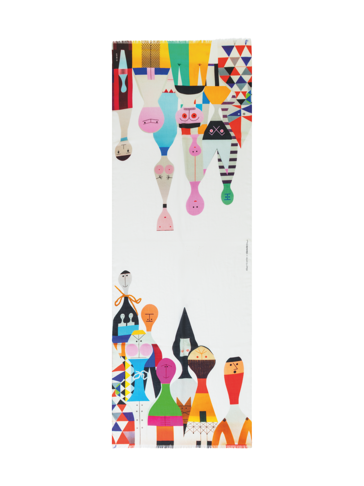 Designer Cashmere Silk Scarf with Wooden Dolls Print - multicolor