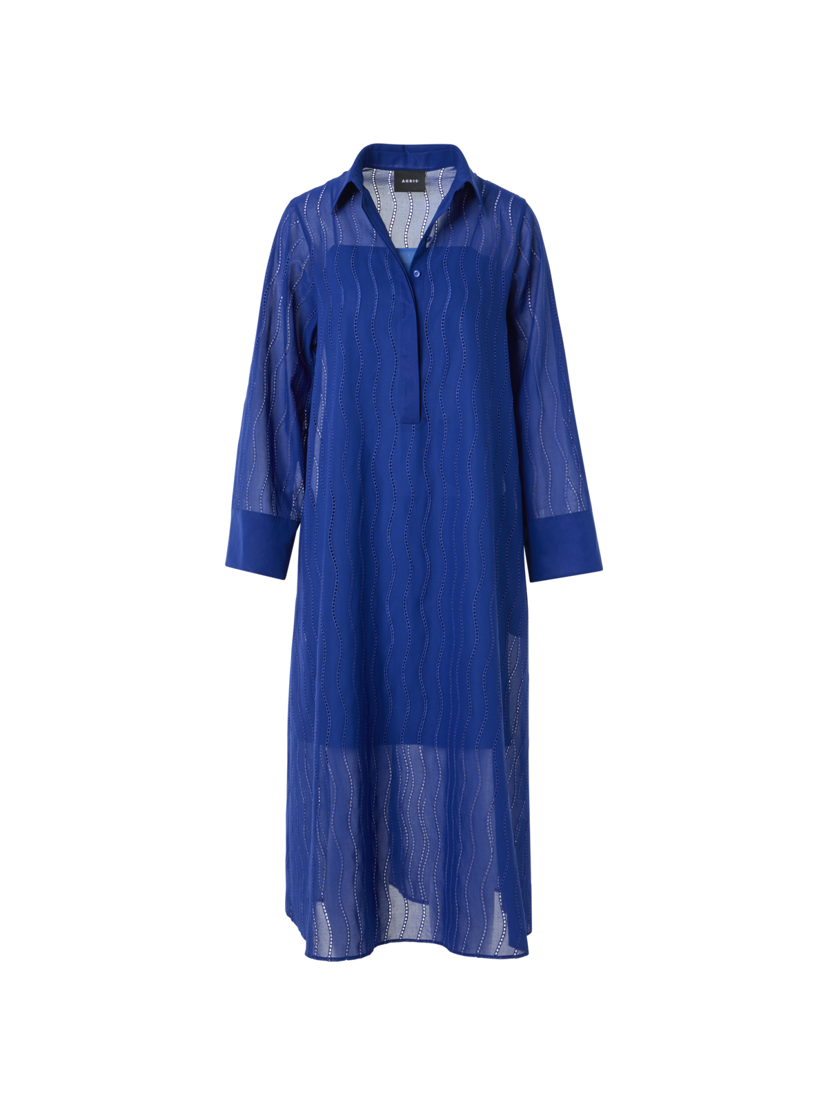 Designer Midi Shirt Dress with Wave Embroidery - blue