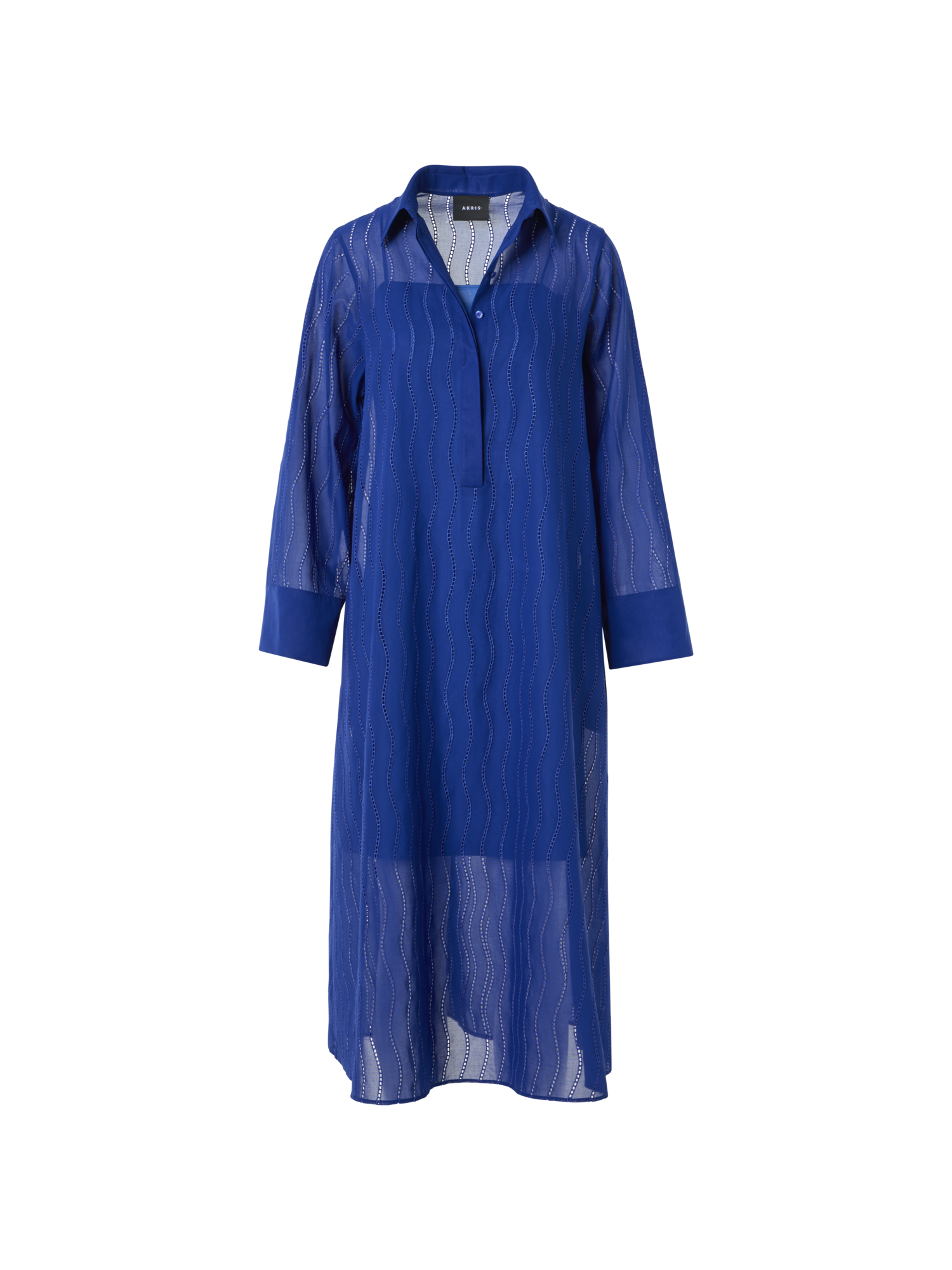 Designer Midi Shirt Dress with Wave Embroidery - blue