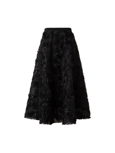 Designer A-Line Midi Skirt with 3D Carnation Embroidery - black