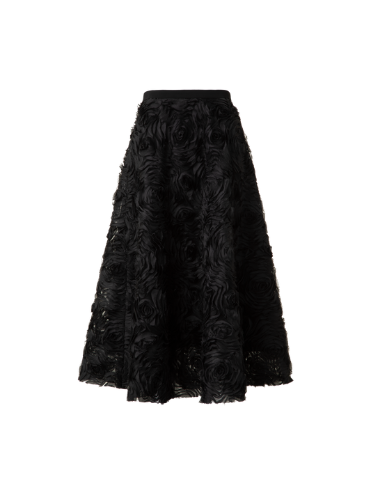 Designer A-Line Midi Skirt with 3D Carnation Embroidery - black