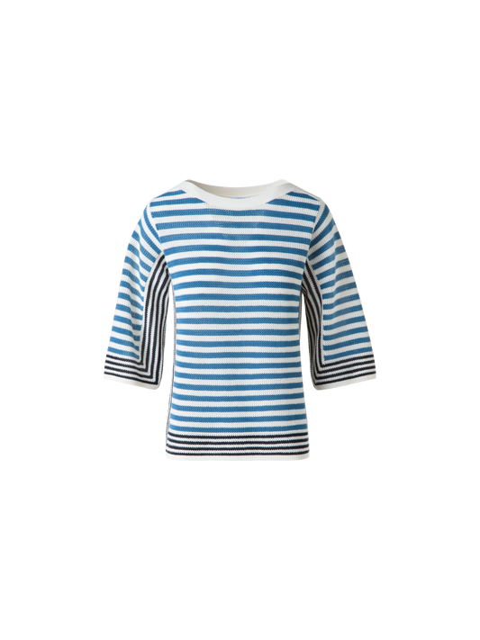 Designer Striped Volume-Sleeve Sweater in Merino Wool - blue - multicolor