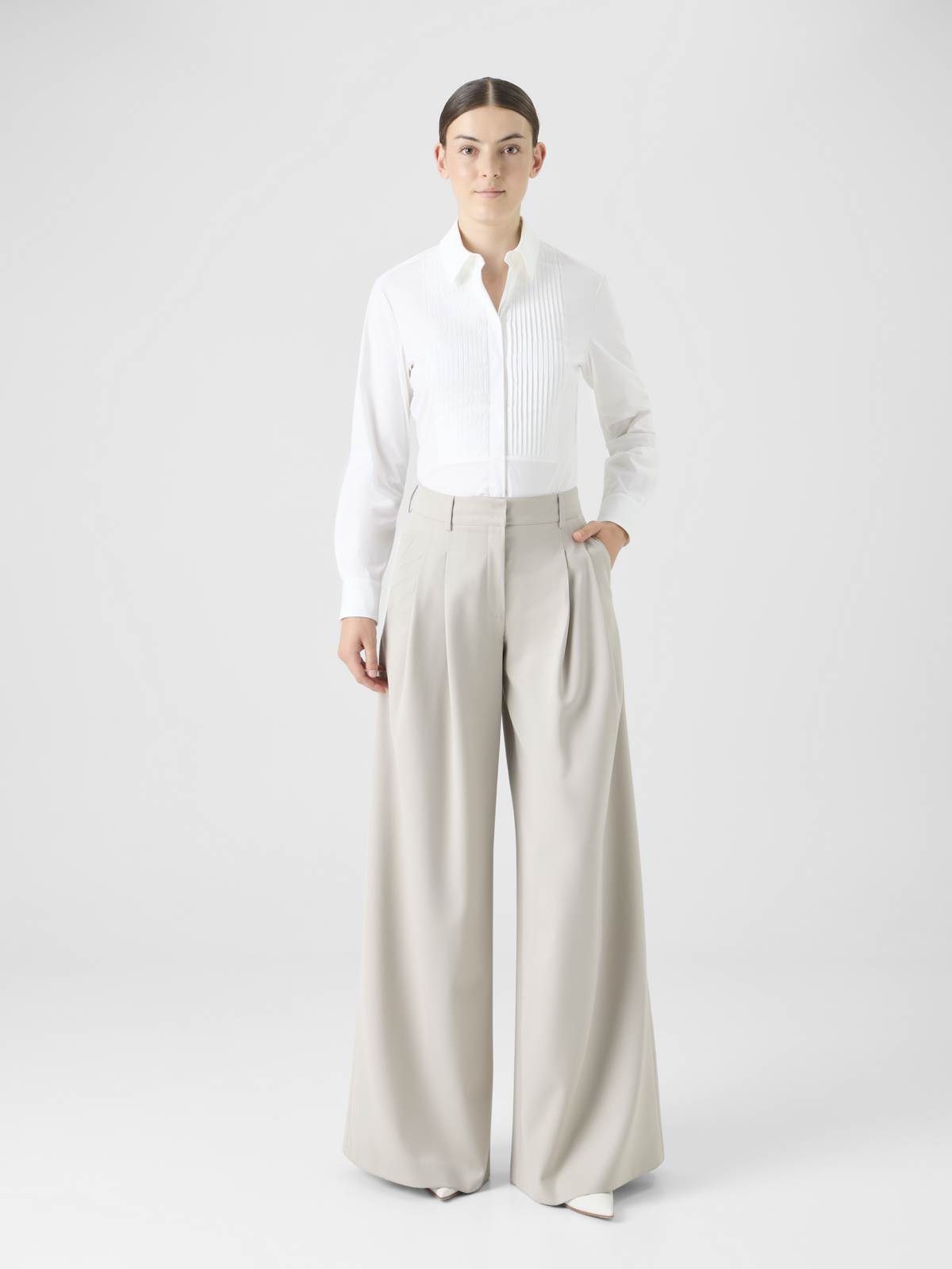 Designer Cotton Poplin Blouse with Pleated Plastron - white #editorial
