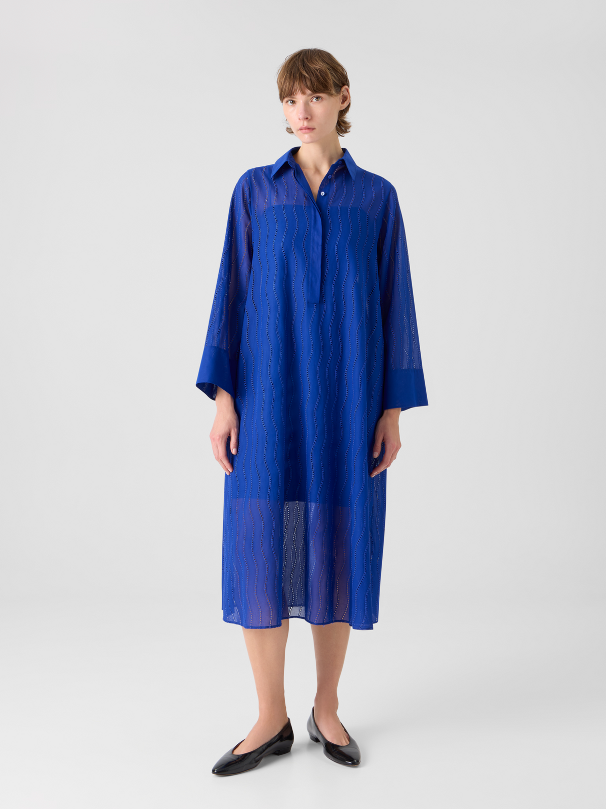 Designer Midi Shirt Dress with Wave Embroidery - blue #editorial