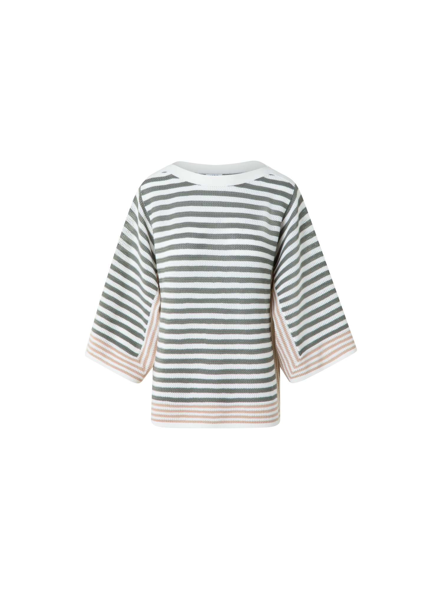 Designer Striped Volume-Sleeve Sweater in Merino Wool - neutral - green - multicolor