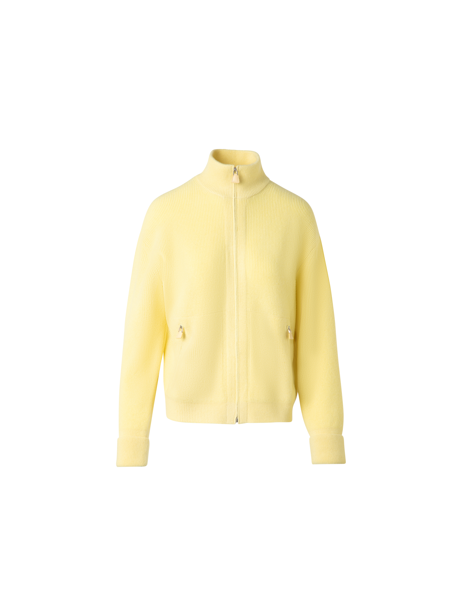 Designer Ribbed Zip Cardigan in Cashmere Knit - pastel - yellow