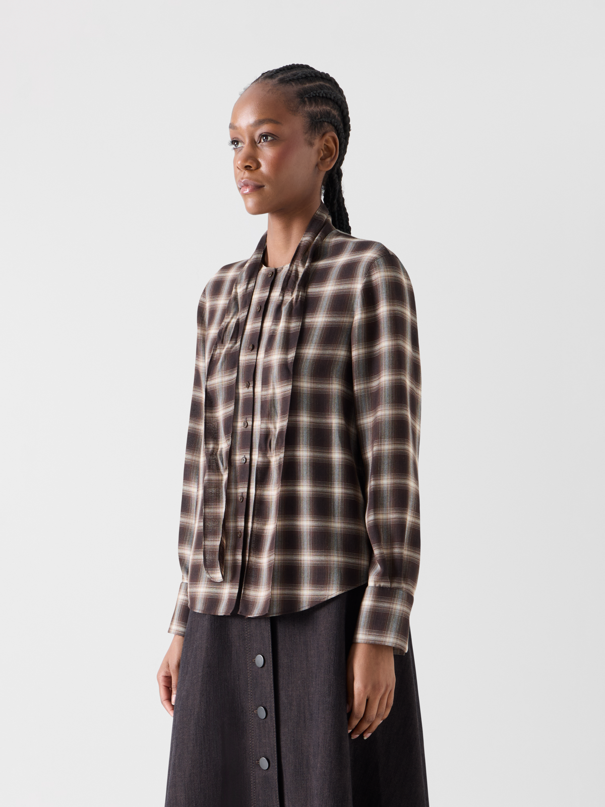 Designer Plaid Blouse in Wool Shelley with Bow Collar - brown - multicolor #editorial