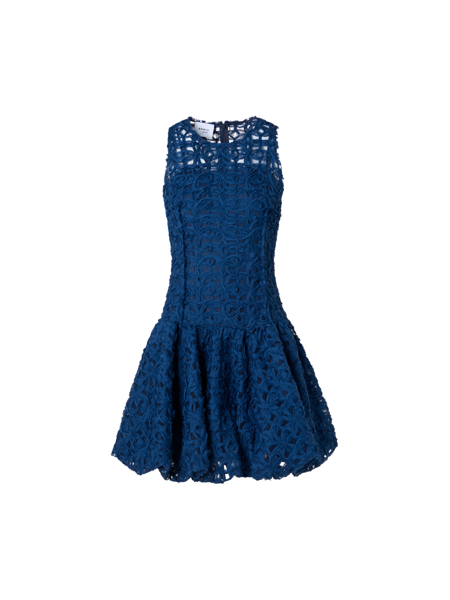 Designer Flounced Mini Dress in 3D Scribble Tulle - navy