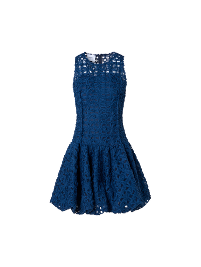 Designer Flounced Mini Dress in 3D Scribble Tulle - navy