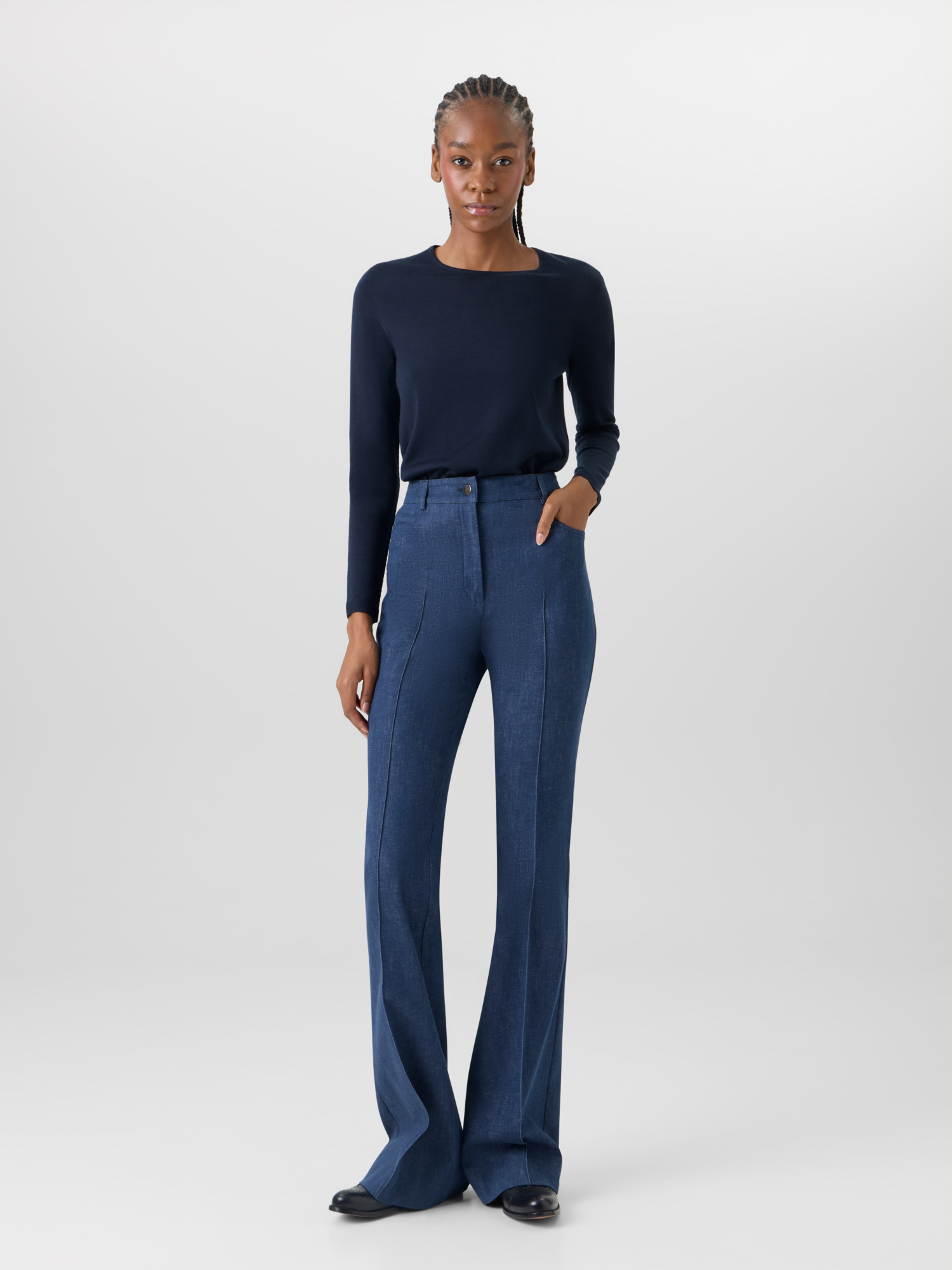 Designer Long-Sleeve Cashmere-Silk Knit Sweater - blue 