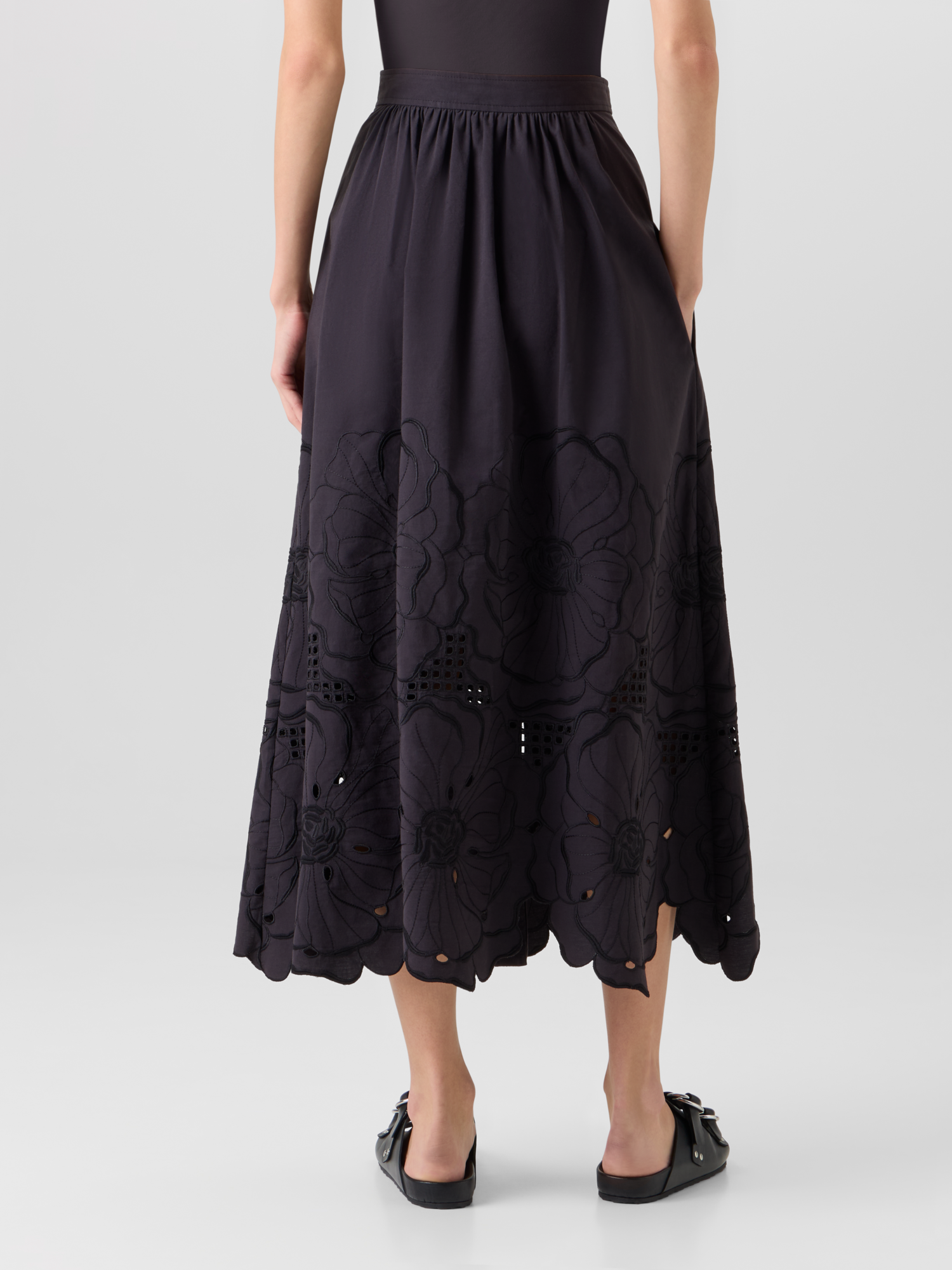 Designer Flared Flower Eyelet Midi Skirt - black 