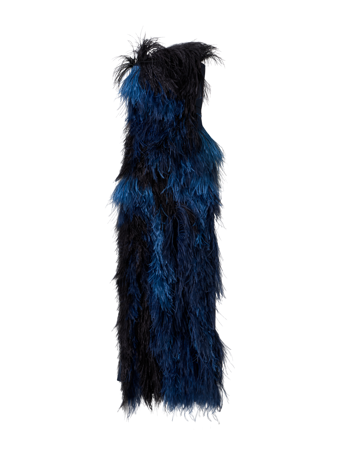 Designer Feathered Corsage Silk Gown with Slit - navy - blue - multicolor