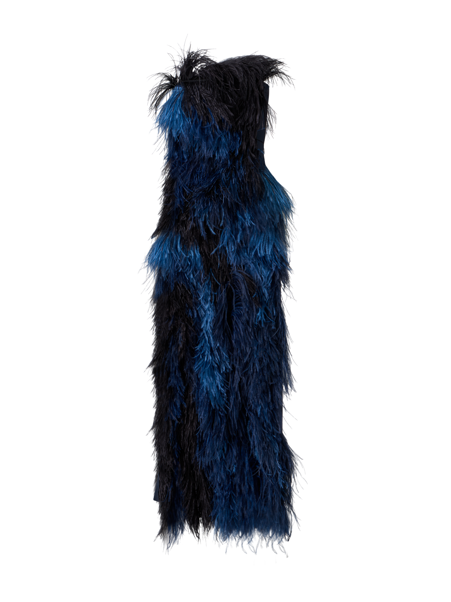 Designer Feathered Corsage Silk Gown with Slit - navy - blue - multicolor