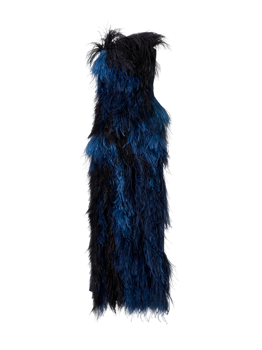 Designer Feathered Corsage Silk Gown with Slit - navy - blue - multicolor